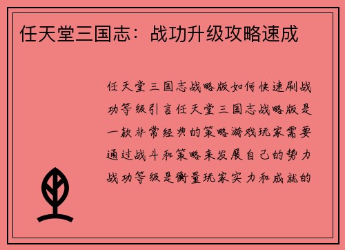 任天堂三国志：战功升级攻略速成
