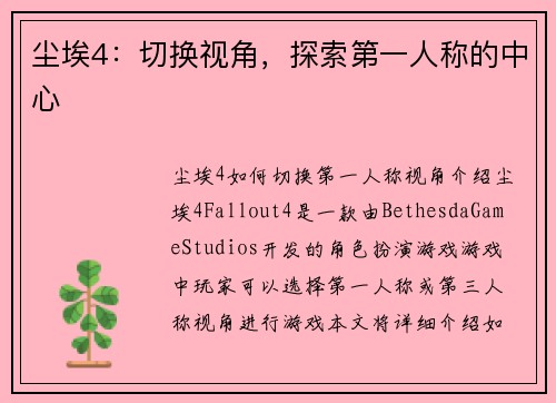 尘埃4：切换视角，探索第一人称的中心