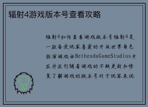 辐射4游戏版本号查看攻略